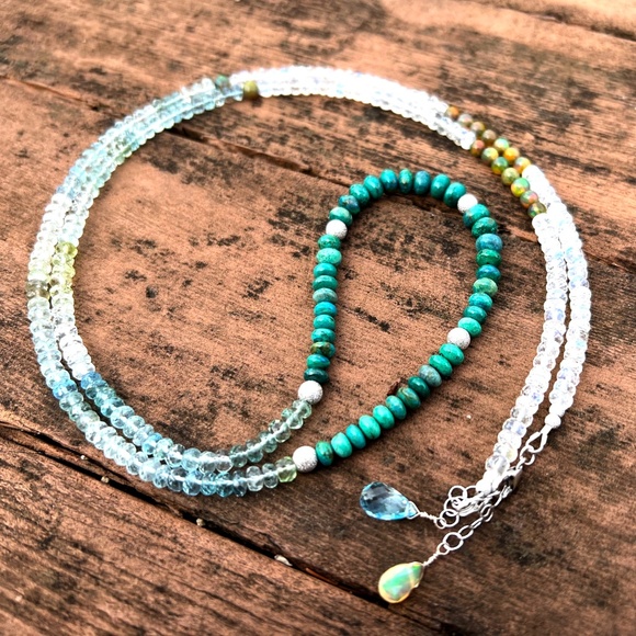 Natural Chrysocolla, Aquamarine, Moonstone Wrap Bracelet Necklace 14k White Gold - Picture 9 of 11